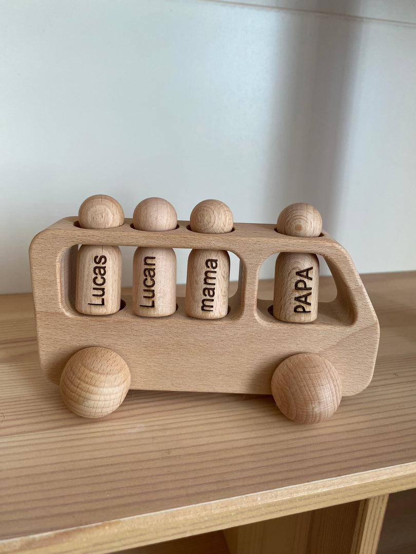 Customisable Wooden Toy bus with 4 peg dolls